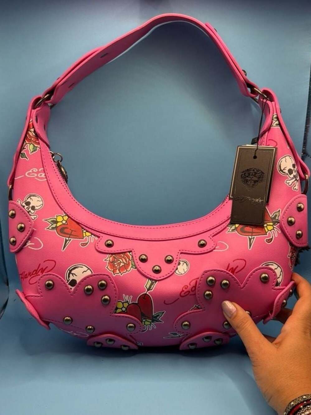 NWT Ed Hardy Pink Tattoo Print Studded Hobo Shoulder Bag